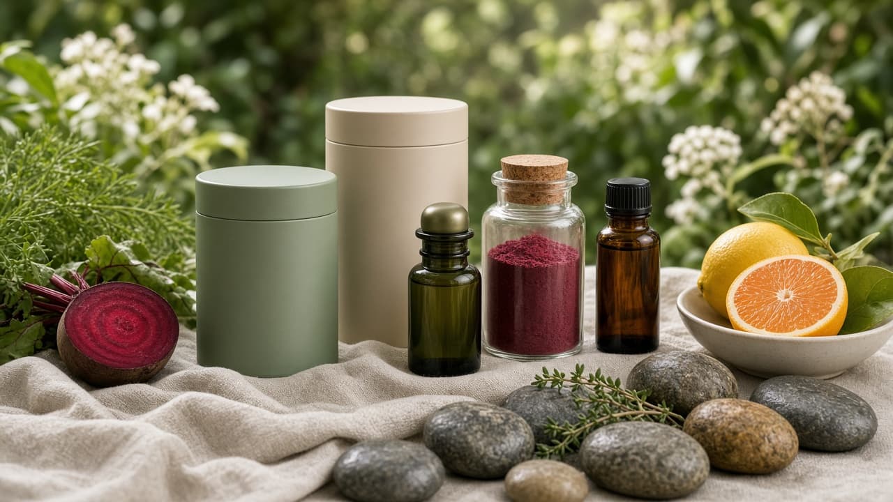 Synergy product lines styled with plants, citrus, and garden light